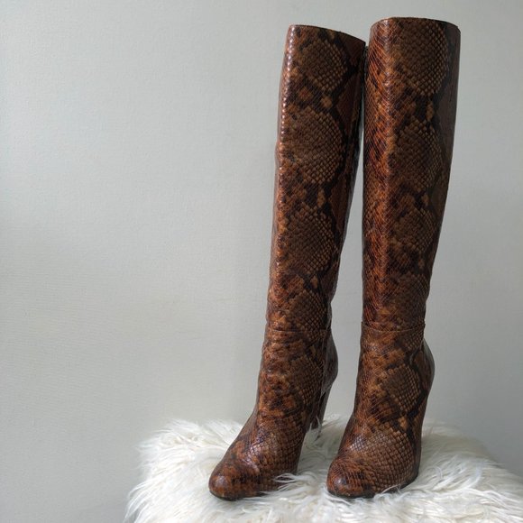 Aldo Women's Brown Etassi Snake Effect Leather Heeled Knee High Boots, Size 7.5 - Picture 2 of 8